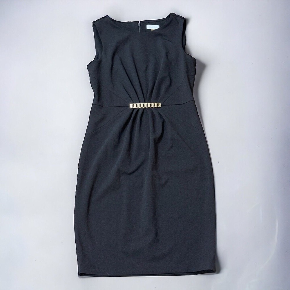 Calvin Klein Cocktail Dress Black Size 6 - Gold Accent Buckle Knee Length